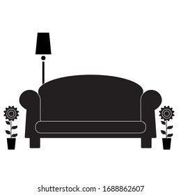 Apartment interior black glyph icon. Living room furniture.
