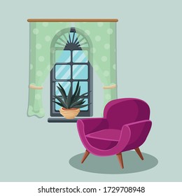 Apartment interior bright chair window curtains and cactus