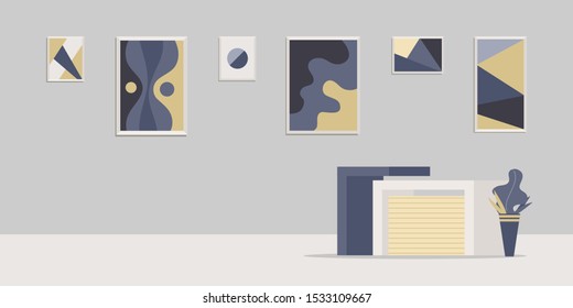 Apartment Interior Decor Flat Vector Illustrations. Empty Reception, Registration Desk, Luxurious Hotel Lobby With No People. Contemporary Furnishing, Decorative Plant And Modern Art Pictures On Wall