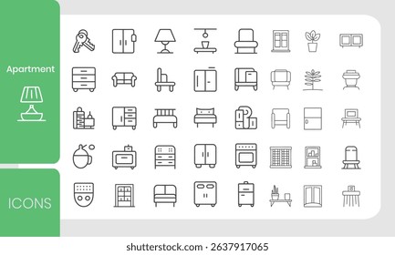Apartment interior design elements icons set including furniture and home decoration symbols