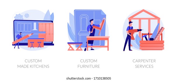 Apartment interior design metaphors. Custom made kitchens, furniture designer, carpenter services. Home furnishing. House renovation. Vector isolated concept metaphor illustrations.