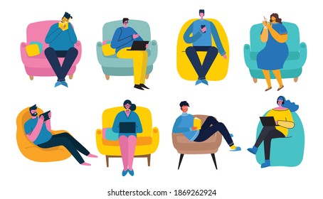 Apartment interior design and resting couple of people in the flat style