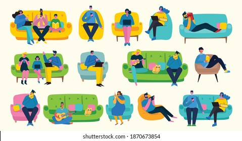Apartment interior design and resting couple of people in the flat style
