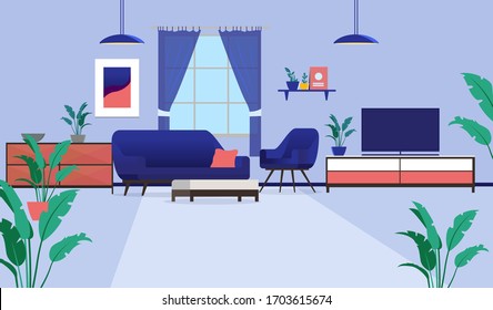 Apartment interior elements - Empty living room scene, with couch, chair, tv stand, plants and art on wall. Vector illustration.