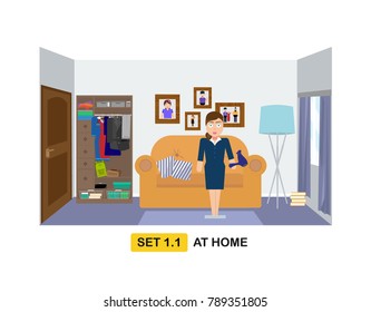 Apartment interior flat vector illustration. Young woman in the living room with sofa, wardrobe, lamp, window, door and photo frames. 