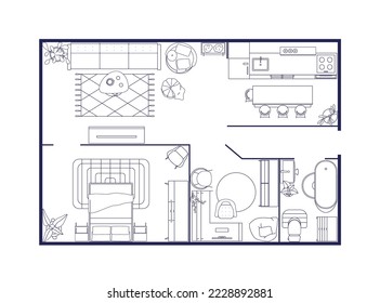 Wohnungsinnere, Grundriss. Umrissener Parkplatz, Haus mit Zimmern, Möbeln. Häuserdesign, Karte, Layoutüberhang, Draufsicht. Kontaminierte flache Vektorgrafik einzeln auf weißem Hintergrund