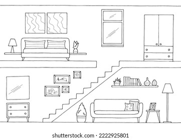 Apartment interior graphic black white sketch illustration vector 
