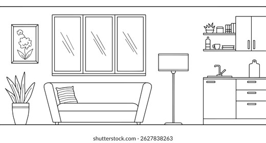 Apartment interior graphic black white sketch illustration vector 