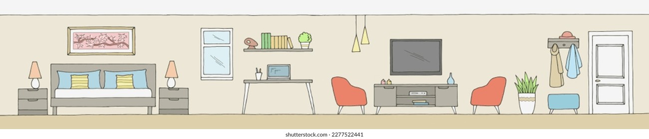 Apartment interior graphic color long sketch illustration vector 