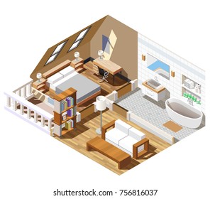 Apartment interior isometric composition with bathroom in white color, lounge, bedroom with windows in roof vector illustration