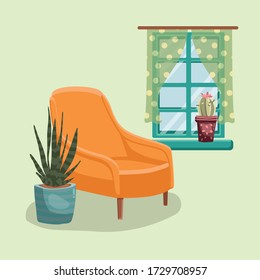 Apartment interior orange armchair window with curtains and flowers