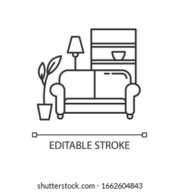 Apartment interior pixel perfect linear icon. Living room furniture. Cosy home. Couch, sofa. Thin line customizable illustration. Contour symbol. Vector isolated outline drawing. Editable stroke