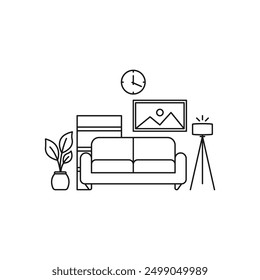 Apartment interior pixel perfect linear icon. Living room furniture. Cosy home. Couch, sofa. Thin line customizable illustration. Contour symbol. Vector isolated outline drawing.