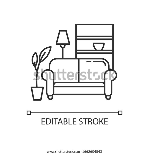 Apartment interior pixel perfect linear icon.\
Living room furniture. Cosy home. Couch, sofa. Thin line\
customizable illustration. Contour symbol. Vector isolated outline\
drawing. Editable\
stroke