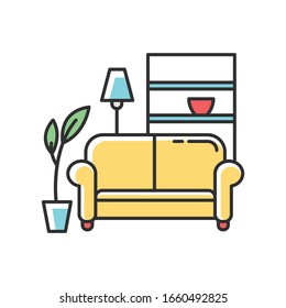 Apartment interior RGB color icon. Living room furniture. Cosy home. Couch, sofa. Place for rest and relaxation. Common dormitory space. Isolated vector illustration