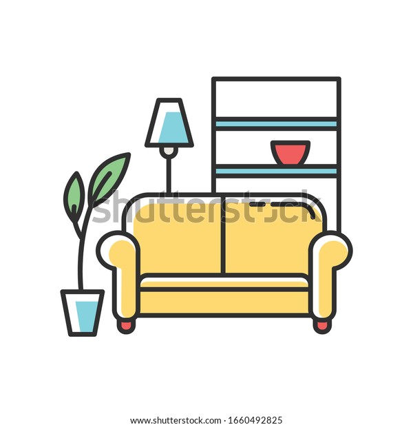 Apartment interior RGB color\
icon. Living room furniture. Cosy home. Couch, sofa. Place for rest\
and relaxation. Common dormitory space. Isolated vector\
illustration