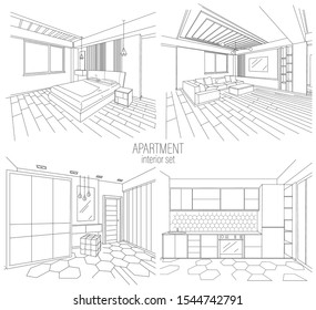 Apartment interior set with living room, kitchen and bedroom sketches. Modern style. Vector