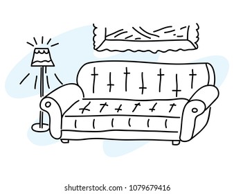 Apartment interior with sofa and lamp. Simple sketch of residential room. Vector