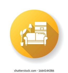 Apartment interior yellow flat design long shadow glyph icon. Living room furniture. Cosy home. Couch, sofa. Place for rest and relaxation. Common dormitory space. Silhouette RGB color illustration