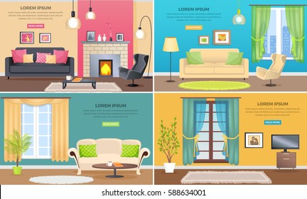 Apartment interiors web banners set. Elegant living room interiors with comfortable furniture, pictures on walls and plants flat vector. Classic appartment decoration style illustration