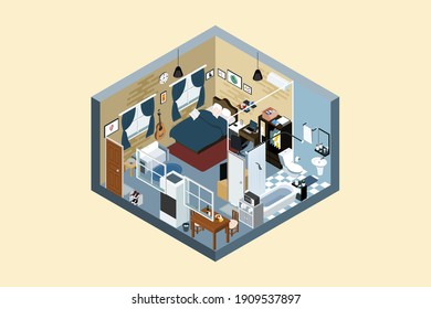 Apartment isometric design with bedroom, bathroom and furniture. Interior home furnishing. Home vector.