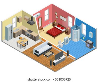 Apartment Isometric Design With Bedroom Bathroom Kitchen And Living Room Vector Illustration 