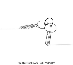 Apartment keys, apartment loan one line art. Continuous line drawing of housing, key, home, house, relocation, keys, safety, property, keyring, estate, mortgage, secure, unlock, loan