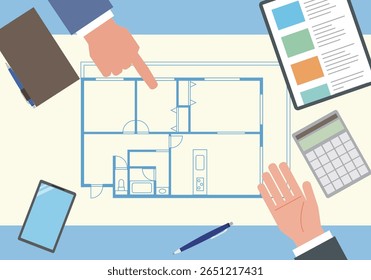 Apartment layout and people discussing