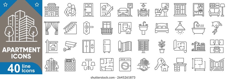 Conjunto de ícones editáveis da linha Apartment. Contendo edifício, imóveis, varanda, janela, elevador, escada, lobby, telhado, estacionamento, caixa de correio, cozinha, quarto e muito mais. Ilustração vetorial