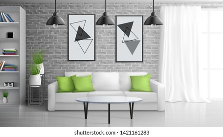 Apartment living room, open office lounge area interior realistic vector background with coffee table near sofa, paintings on brick wall, bookshelves, hanging from ceiling vintage lamps illustration