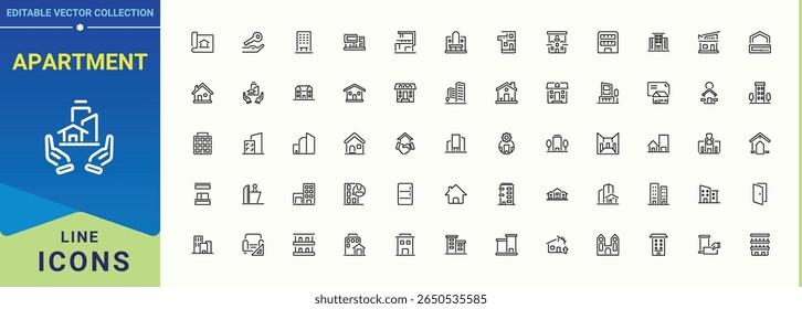Apartamento conjunto de ícone moderno. Pictogramas de comercial, imobiliário, hipoteca, propriedade, propriedade, casa, edifício e muito mais. Conjunto de ícones simples do Início. Pacote mínimo de ícones. Coleções de traçados editáveis.