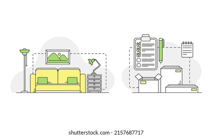 Movimiento de departamento. Trasladarse a una casa nueva con muebles y cajas lineales de ilustración vectorial