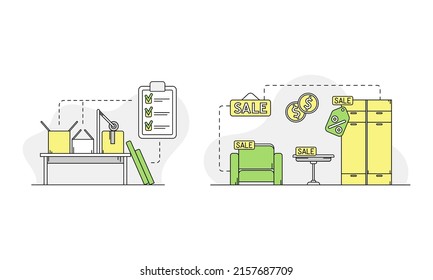Apartment move set. Relocation and renovation of new house. Packing and buying of new furniture linear vector illustration