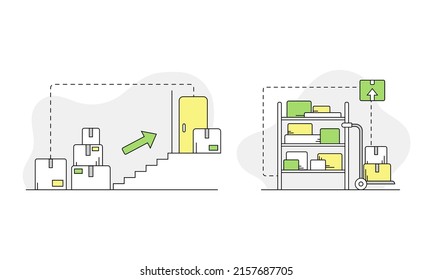 Apartment move set. Transportation and logistics service linear vector illustration