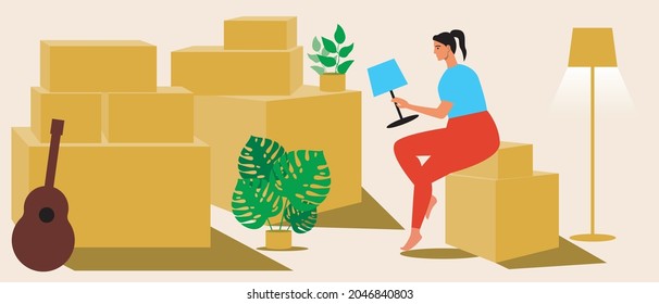 Apartment Moving, Copy Space Template. Flat Vector Stock Illustration. Moving To A Student Dorm. Young Woman. Packaged Goods In Boxes. Template With Place For Text