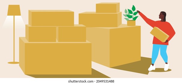 Mudanzas de departamento, plantilla de espacio de copia. Ilustración de material vectorial plano. Hombre africano y cosas en cajas. Embalaje, desembalaje de mercancías. Ilustración superpuesta. Moviéndose con bienes. Gráficos vectoriales