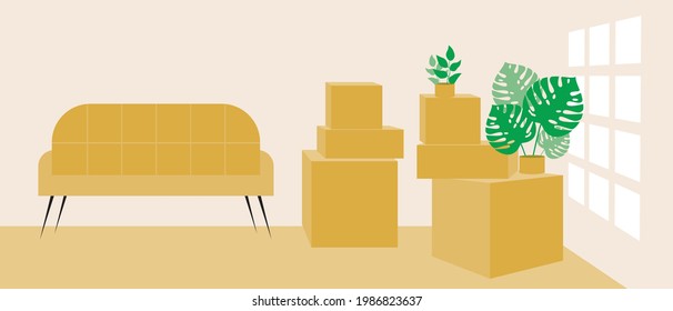 Apartment moving with goods. Flat vector stock illustration. Copy the space template and no one else. Empty room and goods in boxes, crates. The apartment has no people for design