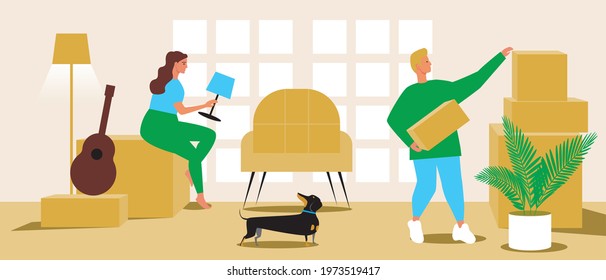 Apartment moving of a young couple. Flat vector stock illustration. Packing, unpacking things. Guitar, plants in the room. A couple in a new home. A room with things in boxes. Vector graphics