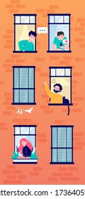 Apartment open windows with friendly neighbors flat vector illustration. Young people living in one building, man with cat talking with other guy. Lifestyle and friendship concept