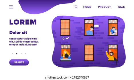 Apartamento abierto ventanas con vecinos amigables, ilustración vectorial plana. Jóvenes que viven en un edificio, hombre con gato hablando con otro tipo. Concepto de estilo de vida y amistad
