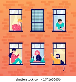 Apartment open windows and neighbors. Leisure, routine, wall flat vector illustration. Lifestyle and neighborhood concept for banner, website design or landing web page