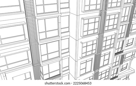 apartment façade perspective 3D Line sketch illustration eps10