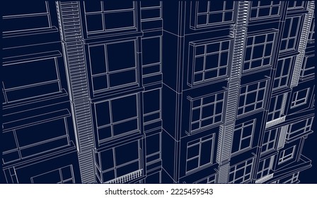 apartment façade perspective 3D Line sketch illustration eps10 blueprint