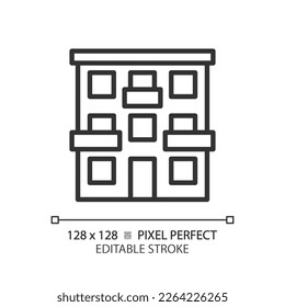 Das perfekte Linearsymbol für Apartment-Pixel. Städtisches Gebäude. Haus nach außen. Immobilien. Unterkunft. Wohnung mit Balkon. Dünne Illustration. Contour-Symbol. Vektorgrafik-Zeichnung. Bearbeitbarer Hub