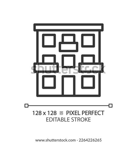 Apartment pixel perfect linear icon. Urban building. House exterior. Real estate. Accomodation. Flat with balcony. Thin line illustration. Contour symbol. Vector outline drawing. Editable stroke