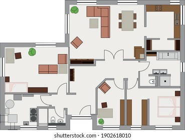 Plan de apartamentos con arreglo aproximado de mobiliario y electrodomésticos