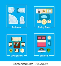 Apartment plan with furniture divided due to sections bathroom, dining room, living room and bedroom vector illustration of flat isolated on blue