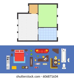 Apartment Plan and Furniture For Living Room Set Top View. Vector illustration