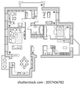 Apartment plan with furniture in top view. Layout of house standard set of icons for floor plan. Interior design elements for architectural plan. Vector blueprint.