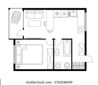 Apartment plan layout studio, condominium, flat, house. One bedroom plan apartment small space. Interior design elements kitchen, bedroom, bathroom with furniture. Vector floorplan living room.